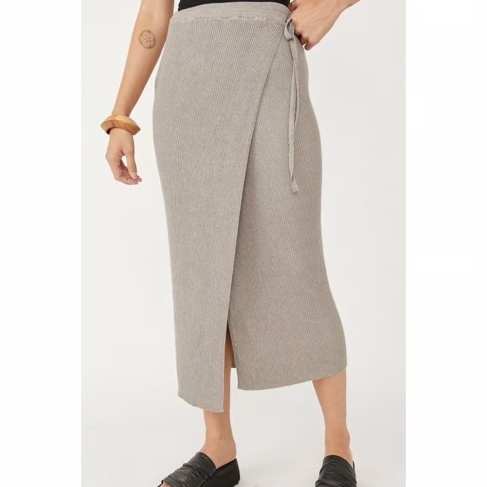 Free People Grey Ribbed Knit Wrap Midi Skirt Tie Waist Heathered Grey Small